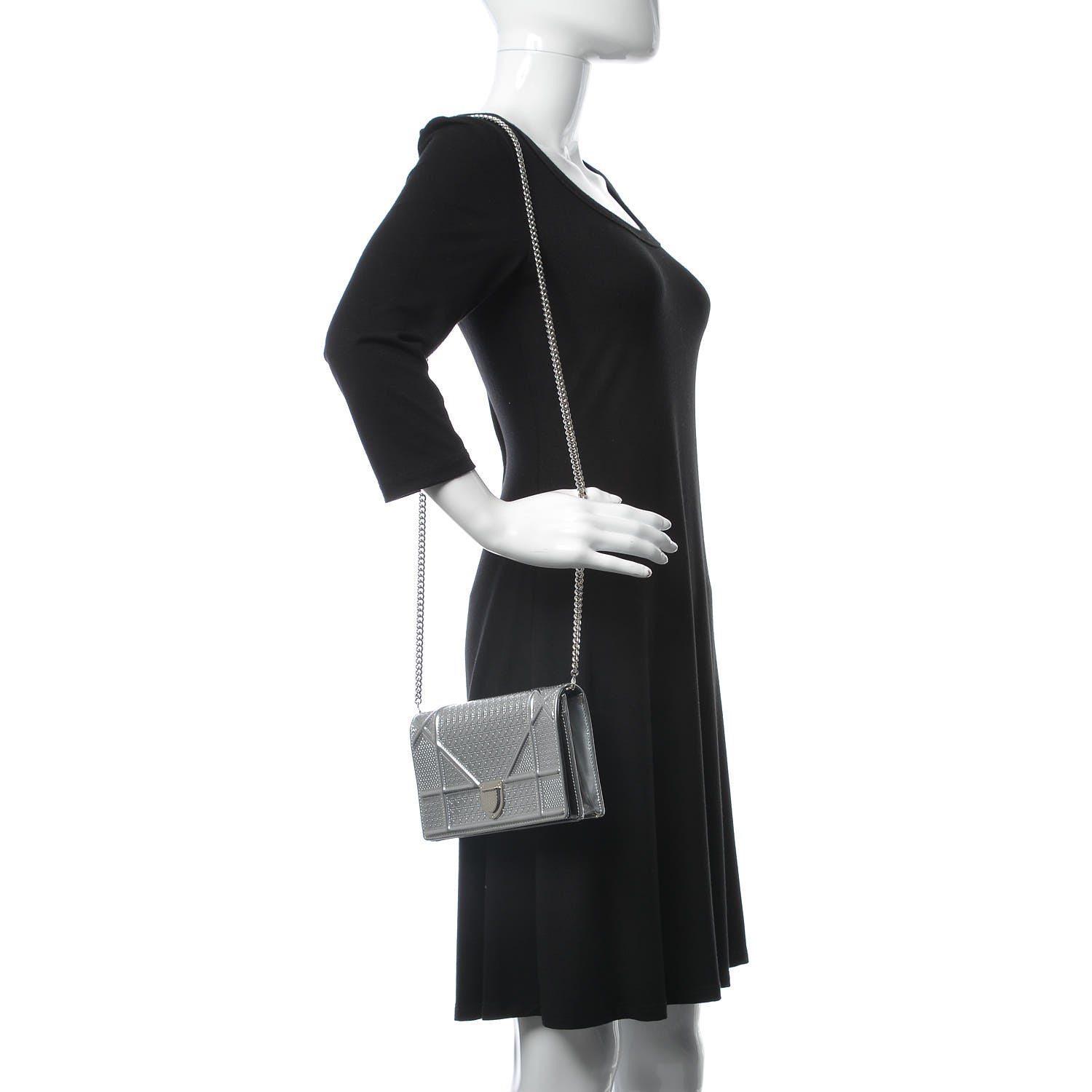 Christian Dior Metallic Patent Micro-Cannage Diorama Wallet on Chain Pouch Silver 2 of 6