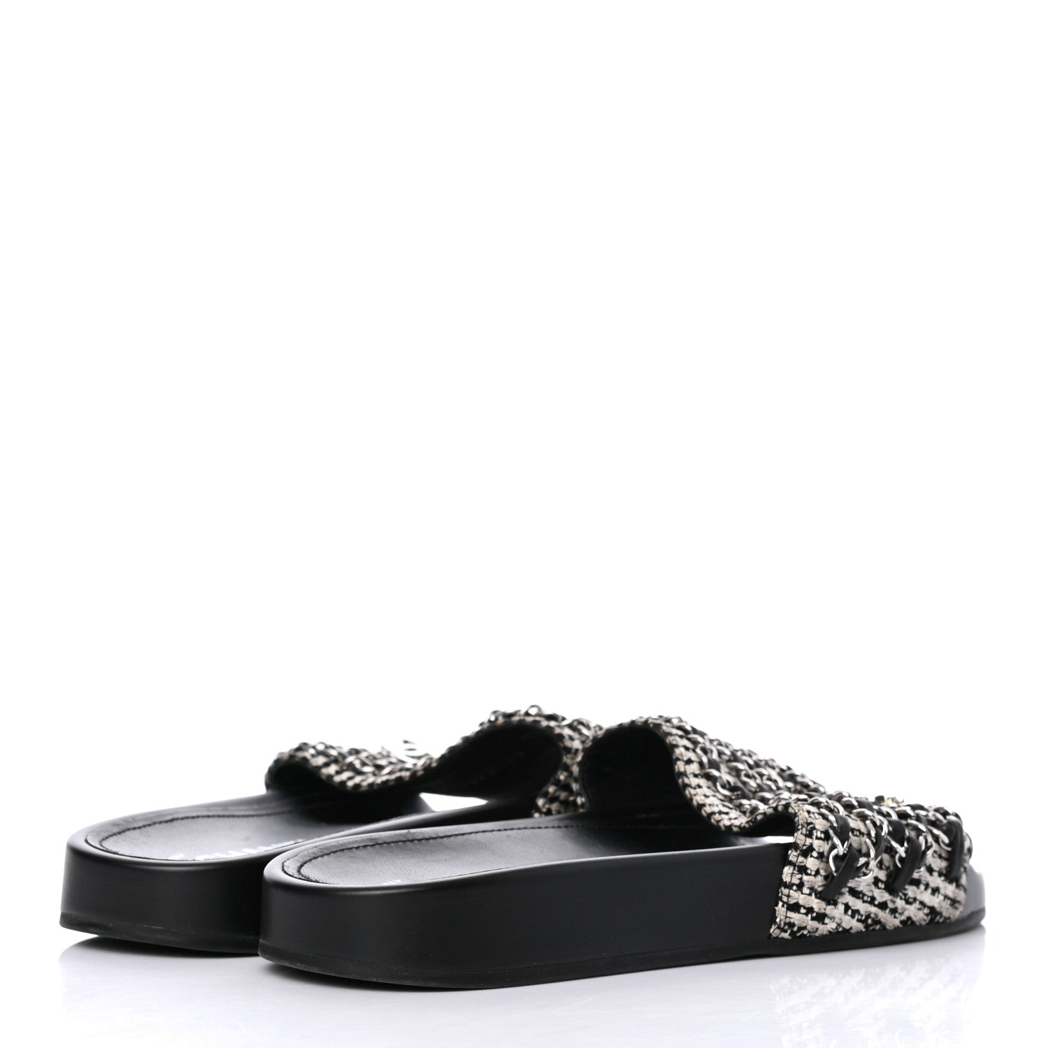 Chanel Tweed Lambskin Chain Flat Sandals 38 White Black 4 of 8