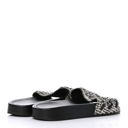 Chanel Tweed Lambskin Chain Flat Sandals 38 White Black 4 of 8