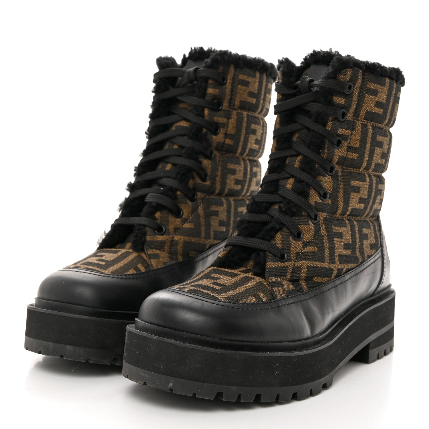 Fendi Vitello Nylon Jacquard Fabric FF Signature Biker Boots 39 Black Tobacco 3 of 8