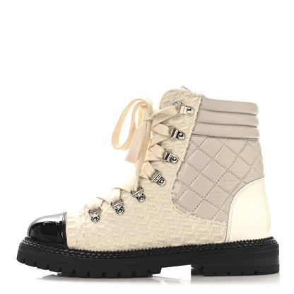 Chanel Tweed Patent Cap Toe Lace Up Short Boots 38.5 White 1 of 9