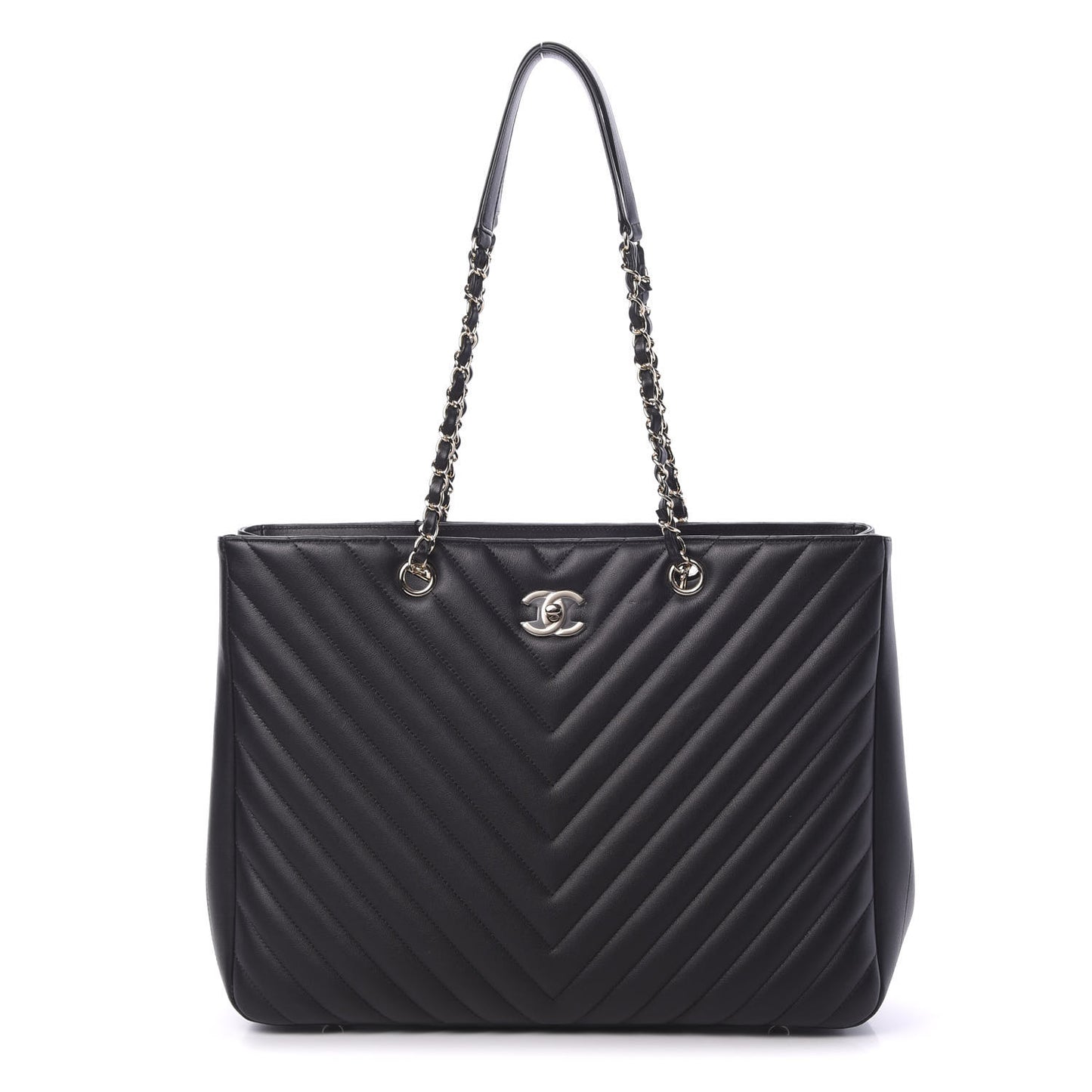 Calfskin Chevron Quilted Large Shopping Tote Black