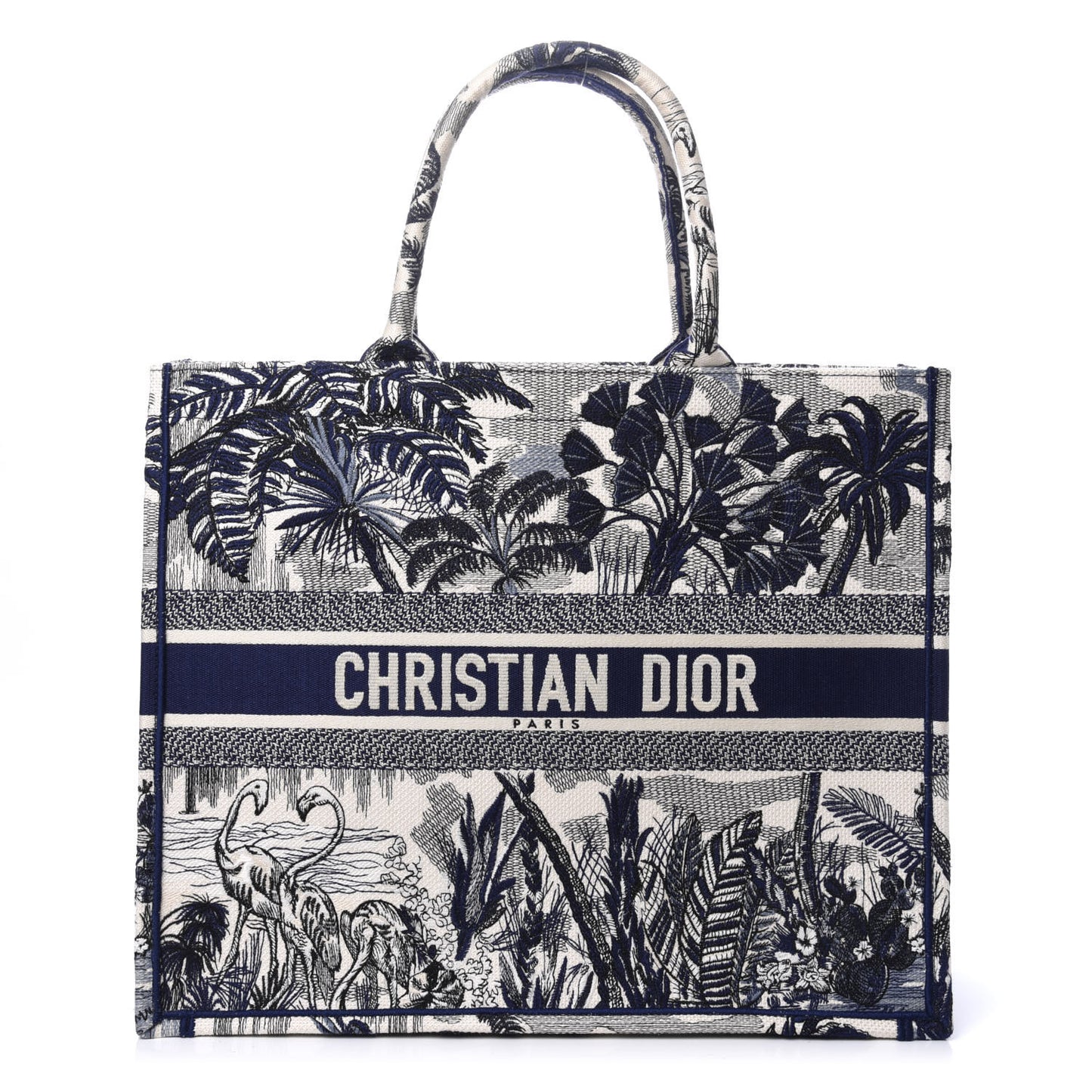 Canvas Embroidered Large Palm Tree Toile De Jouy Book Tote Blue