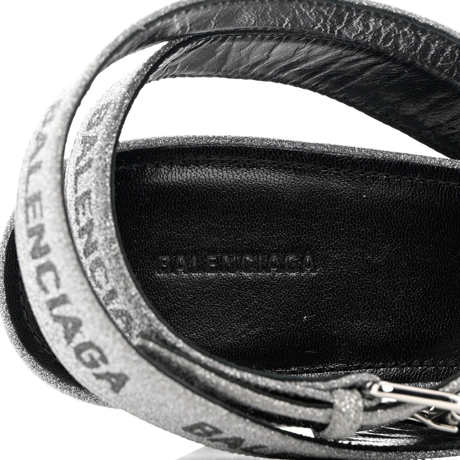 Balenciaga Glitter Allover Logo Ankle Strap Round Heel 80mm Sandals 39 Silver Black 7 of 14