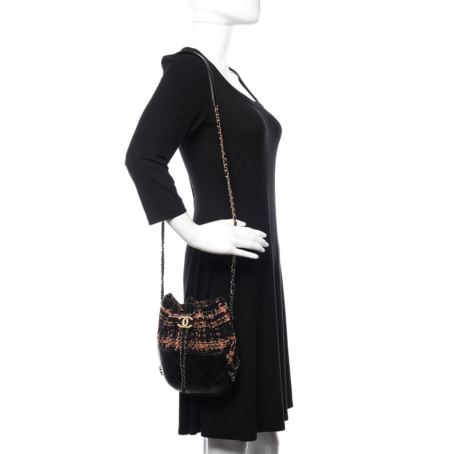 Tweed Calfskin Quilted Small Gabrielle Bucket Black Brown Orange