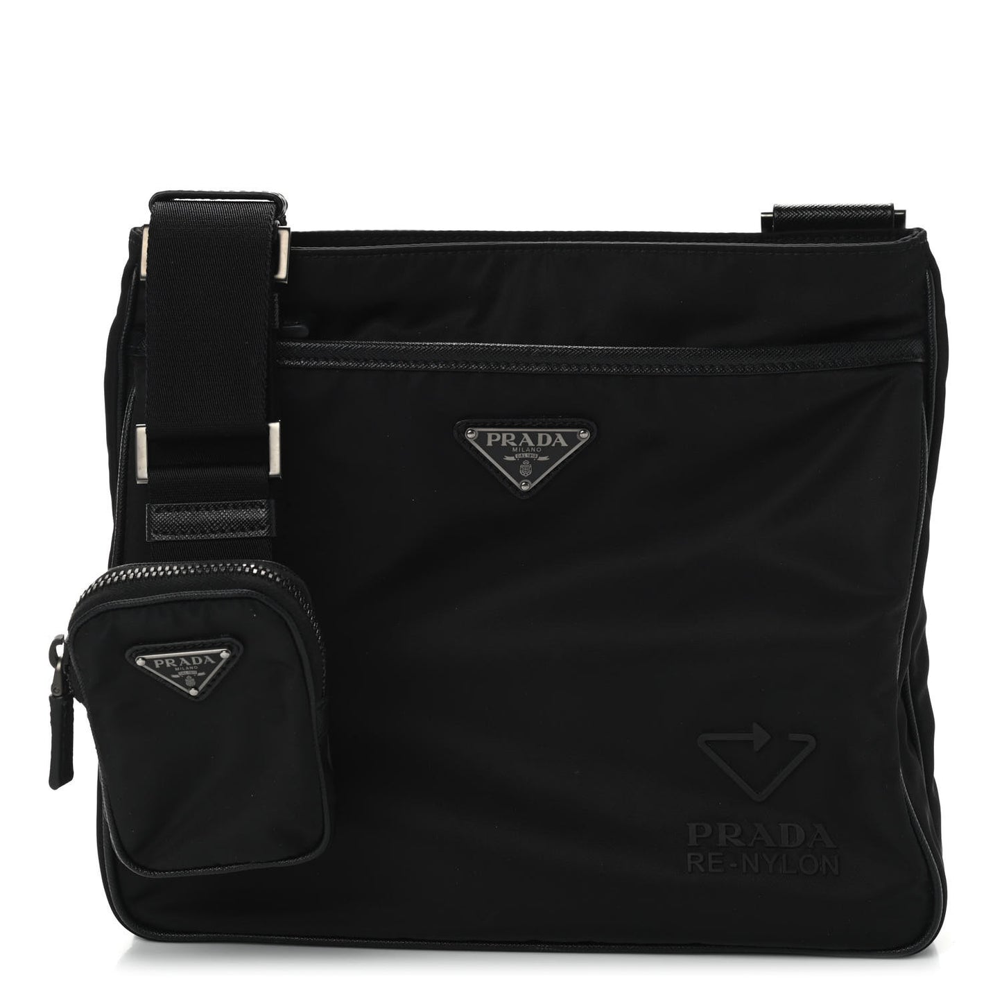 Re-Nylon Saffiano Pocket Flat Messenger Bag Black