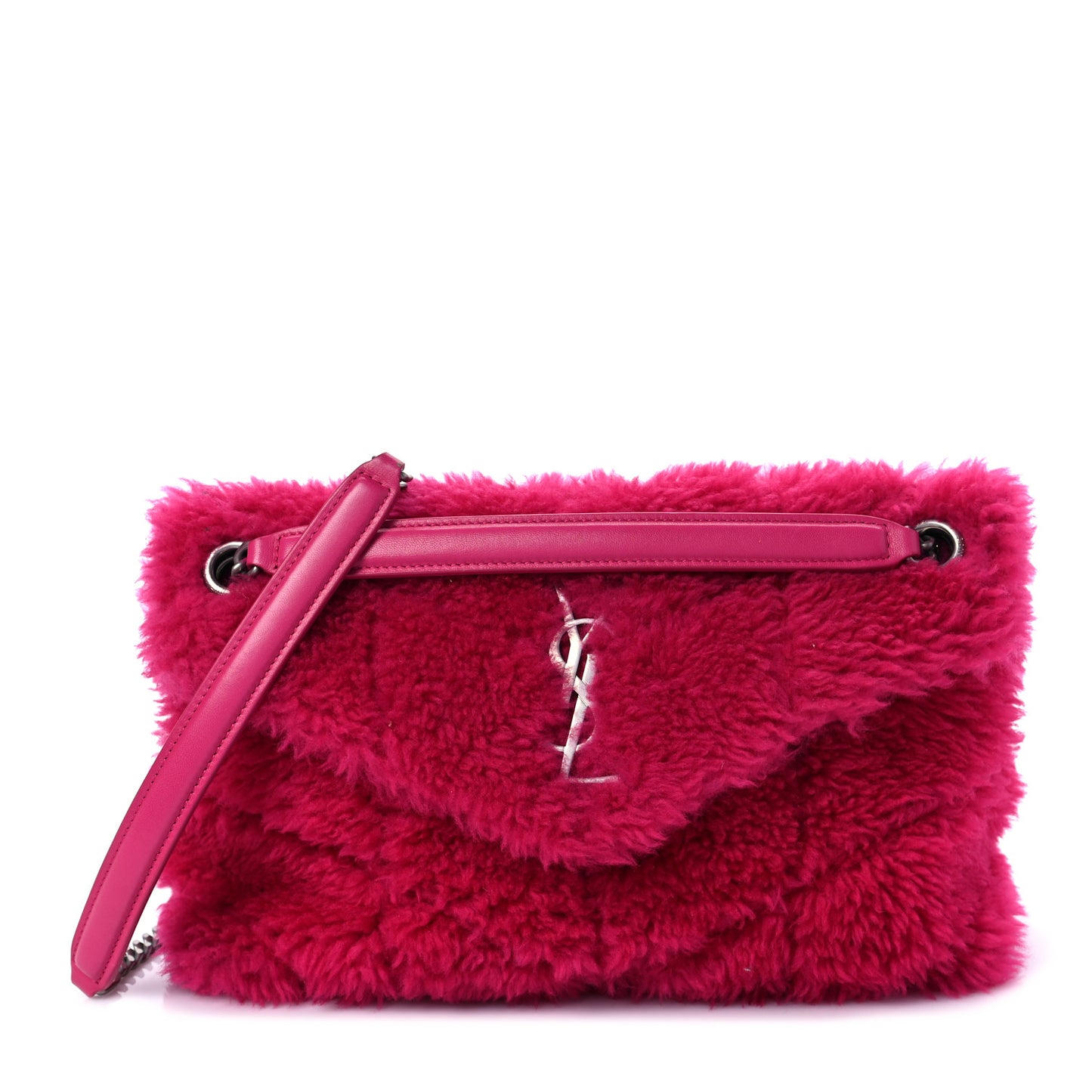 Merino Shearling Lambskin Quilted Small Loulou Puffer Monogram Chain Satchel Fuchsia