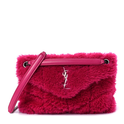 Saint Laurent Merino Shearling Lambskin Quilted Small Loulou Puffer Monogram Chain Satchel Fuchsia 1 of 6
