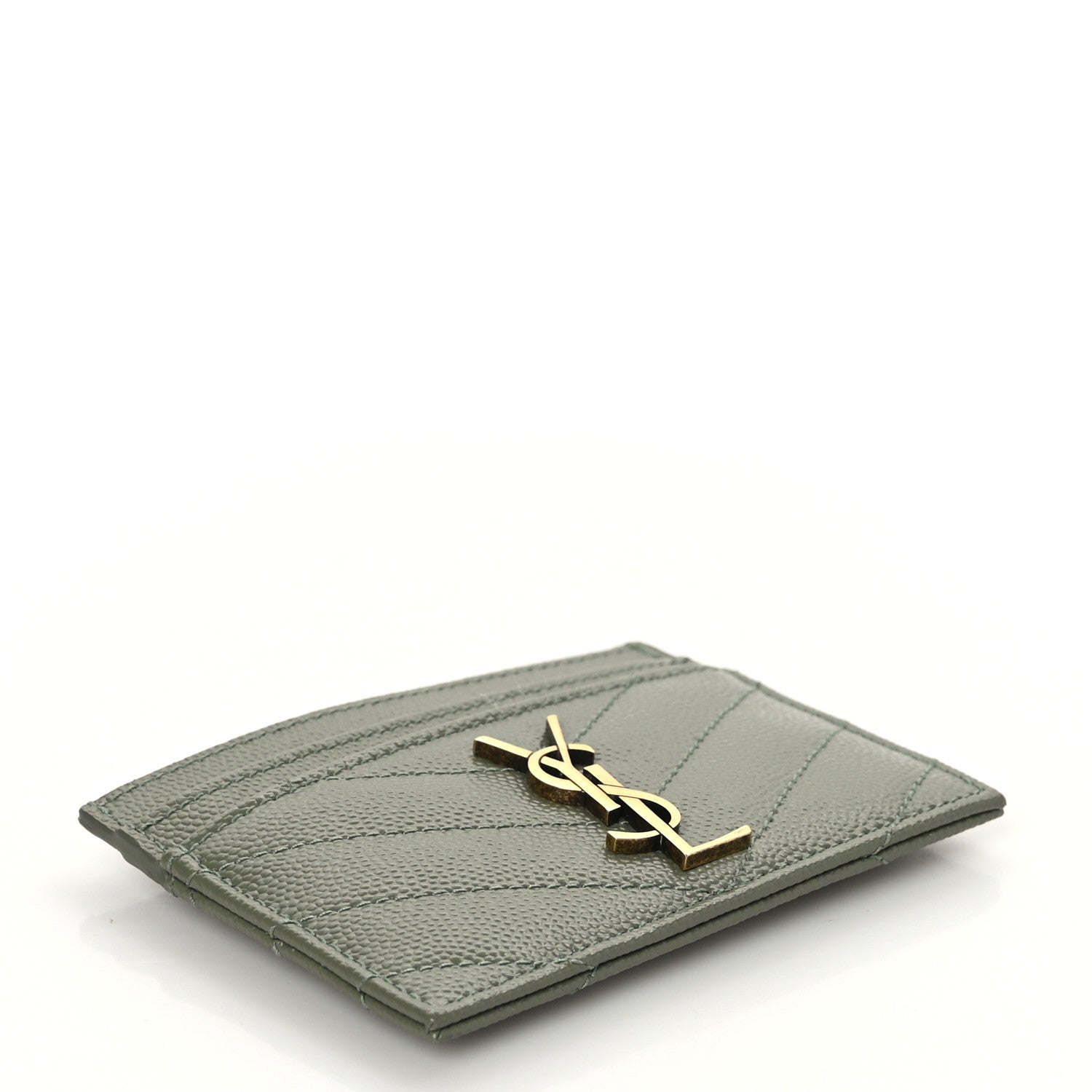 Saint Laurent Grain De Poudre Matelasse Chevron Monogram Credit Card Case Light Sage 4 of 7