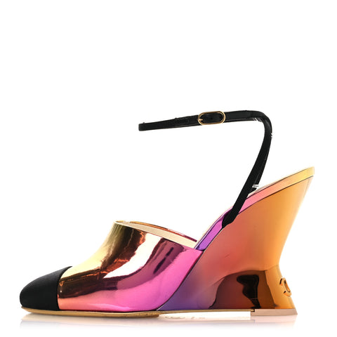 Laminated Calfskin Grosgrain Cap Toe CC Wedge Pumps 39 Pink Orange Yellow Black