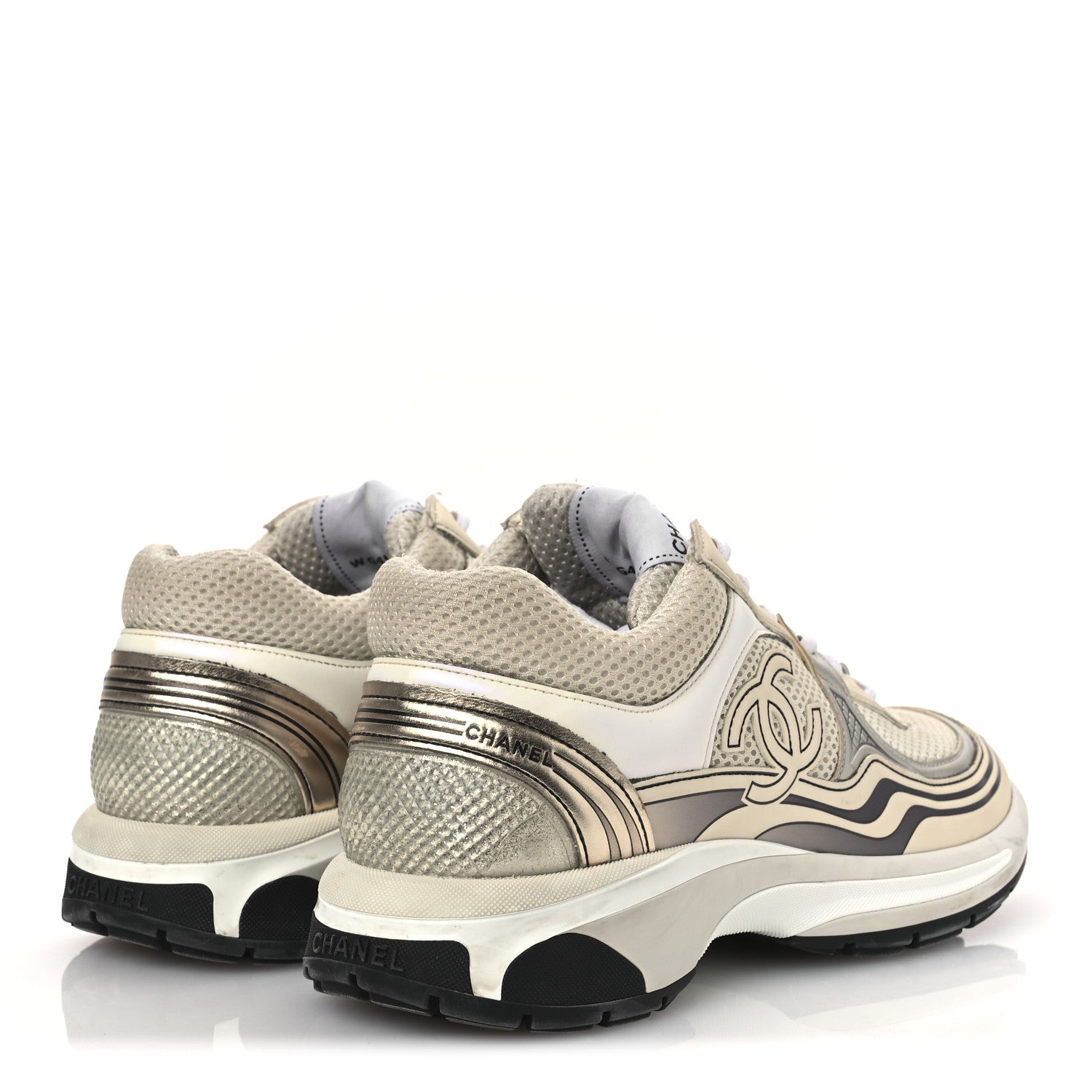 Chanel Fabric Laminated Calfskin Stretch CC Sneakers 39.5 Ivory White Silver 5 of 15
