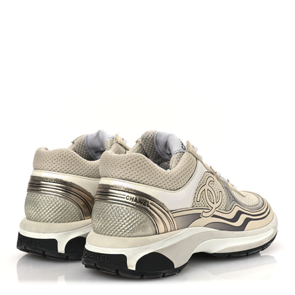 Chanel Fabric Laminated Calfskin Stretch CC Sneakers 39.5 Ivory White Silver 5 of 15