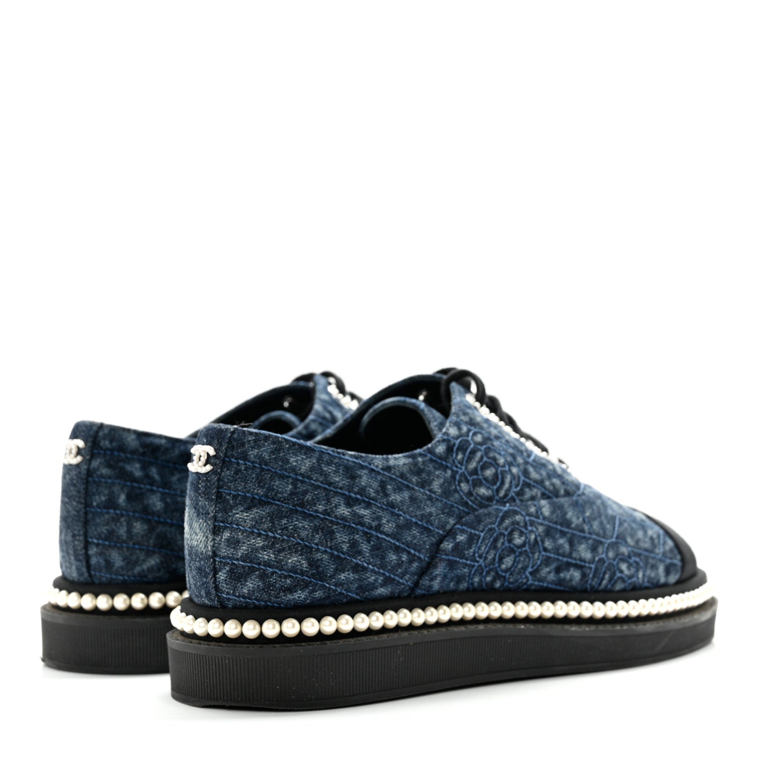 Chanel Denim Grosgrain Camellia Pearl Lace Up Sneakers 38 Blue Black 4 of 12