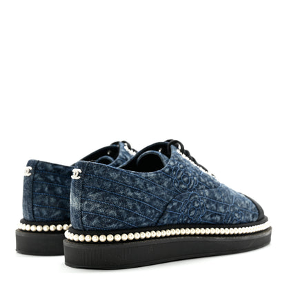 Chanel Denim Grosgrain Camellia Pearl Lace Up Sneakers 38 Blue Black 4 of 12
