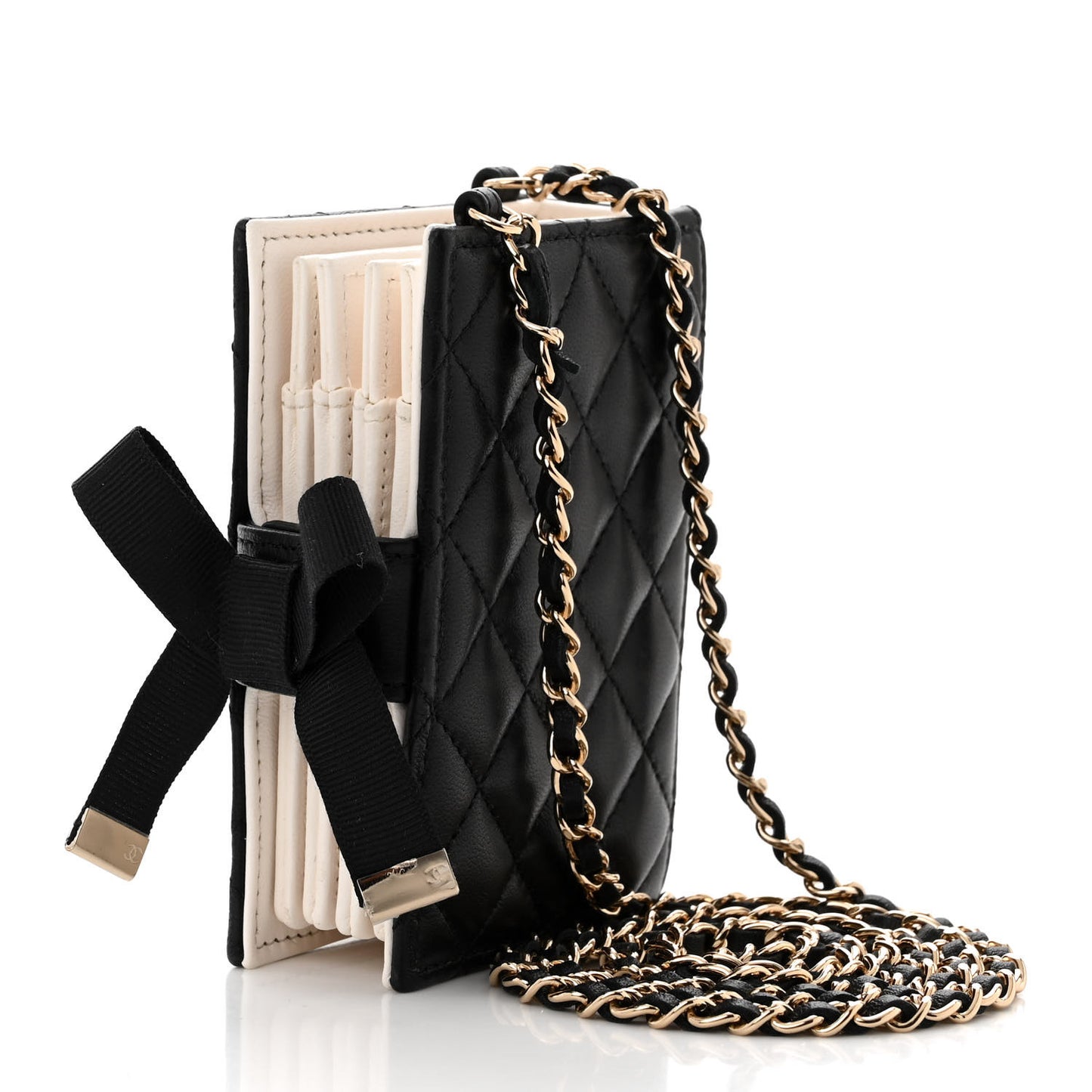 Lambskin Quilted Book Card Holder on Chain Black