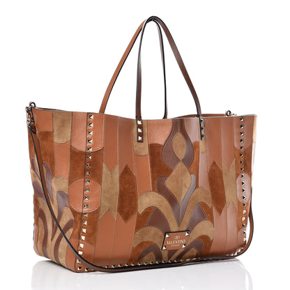 Valentino Garavani Calfskin Canvas Patchwork Medium Rockstud Reversible Tote Brown 3 of 16