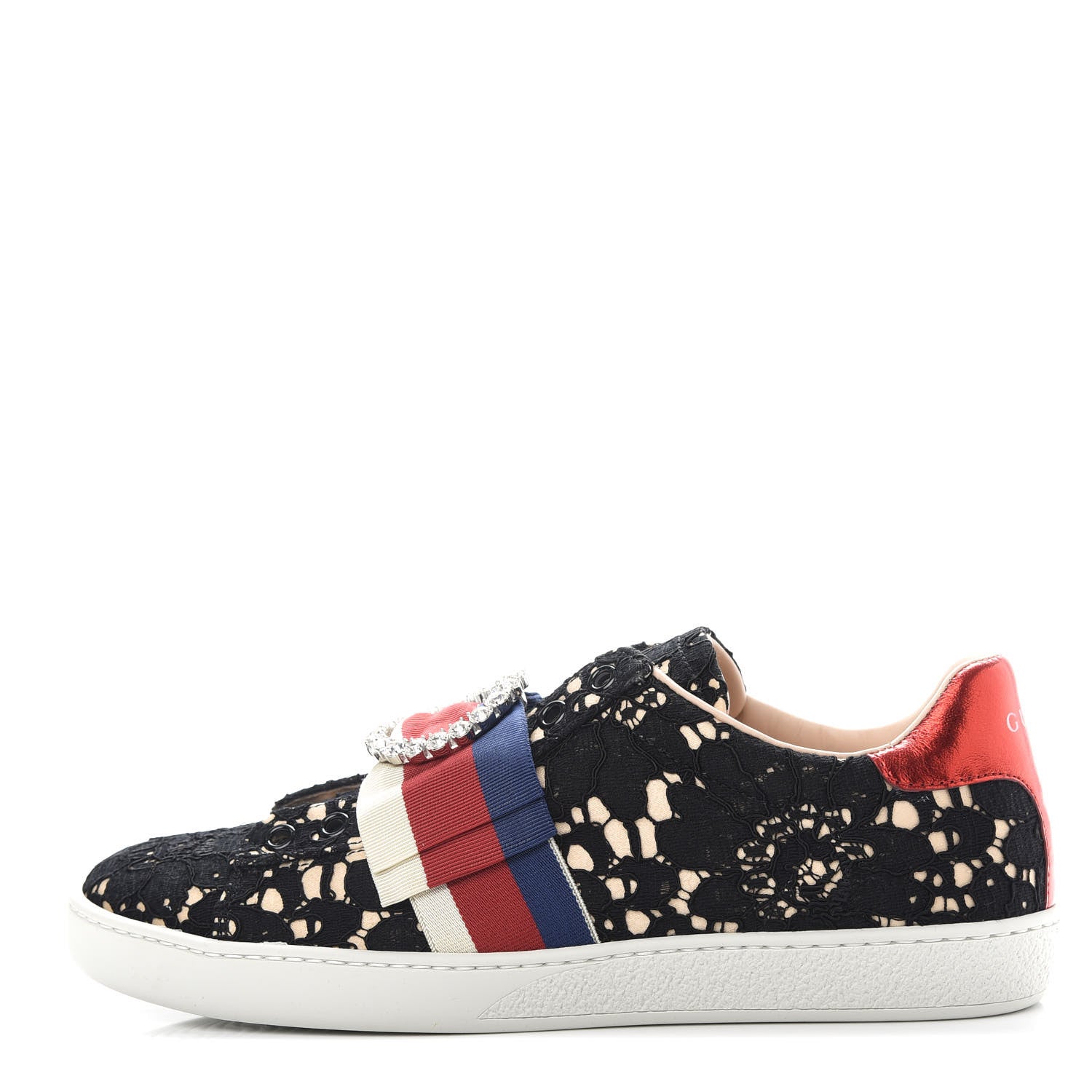 Gucci Lace Crystal Sylvie Web Flower Leaf Womens Ace Sneakers 37.5 Black Tan Beige 1 of 11