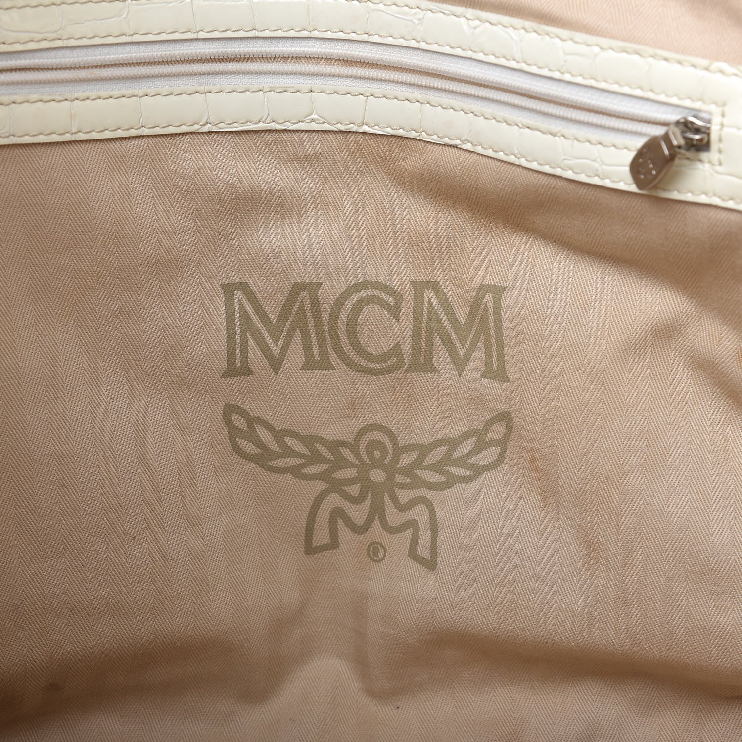 MCM Crocodile Embossed Patent Calfskin Tote Ivory 9 of 9