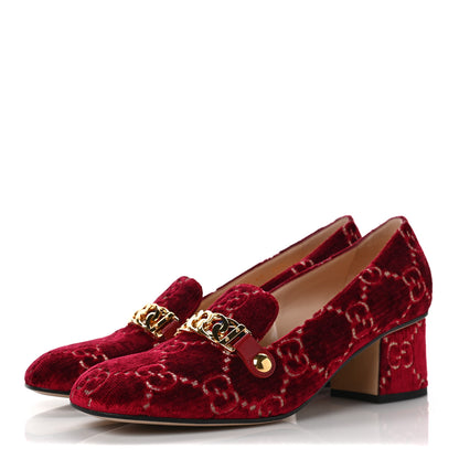 Gucci Velvet GG Monogram Sylvie Web Chain Mid Heel Loafers 40 Red Cipria 3 of 8