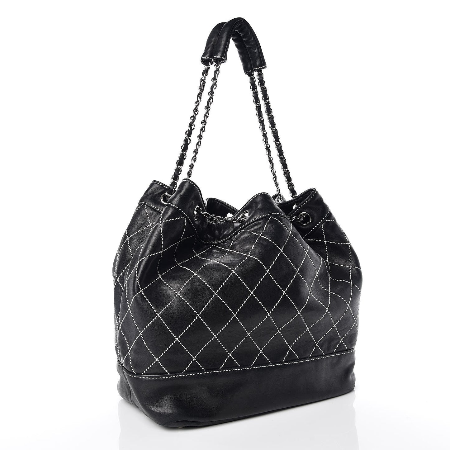 Lambskin Contrast Stitch Large Drawstring Tote Black