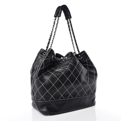 Chanel Lambskin Contrast Stitch Large Drawstring Tote Black 3 of 13