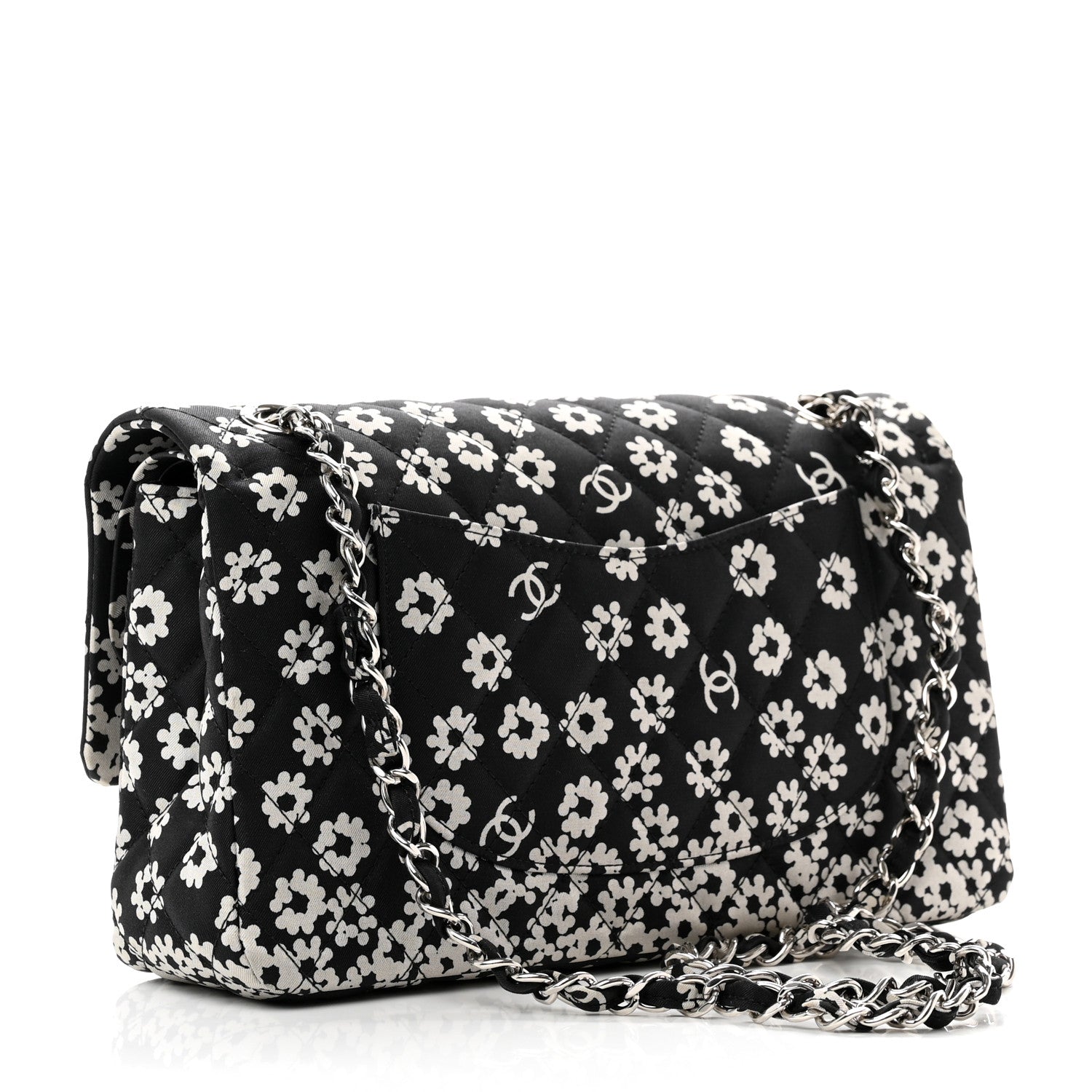 Chanel Canvas Floral Printed Quilted Medium Double Flap Black White 2 of 8