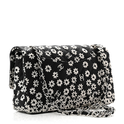 Chanel Canvas Floral Printed Quilted Medium Double Flap Black White 2 of 8