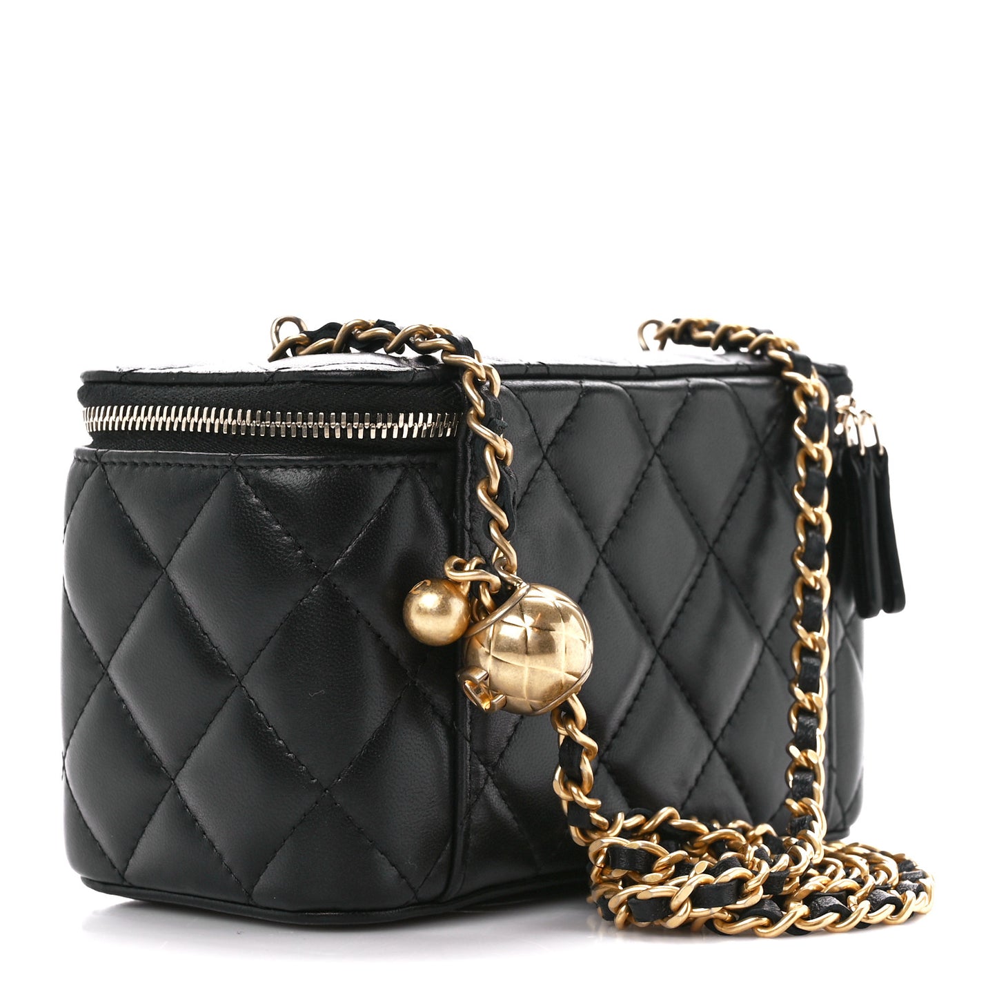 Lambskin Quilted Pearl Crush Small Vanity Case With Chain Black