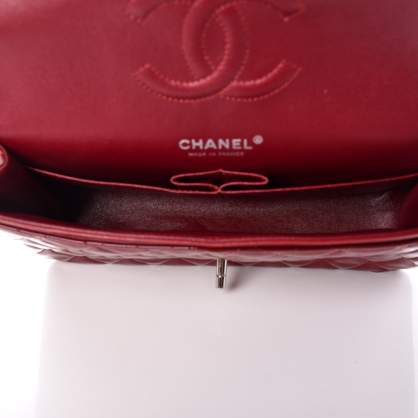 Patent Calfskin Quilted Medium Double Flap Dark Red