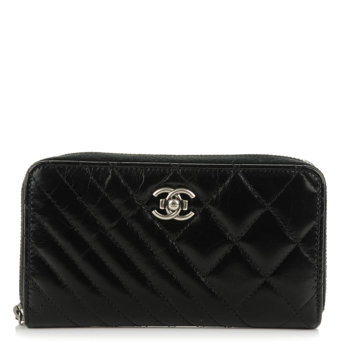 Glazed Calfskin Quilted Small Coco Boy Zip Around Wallet Black