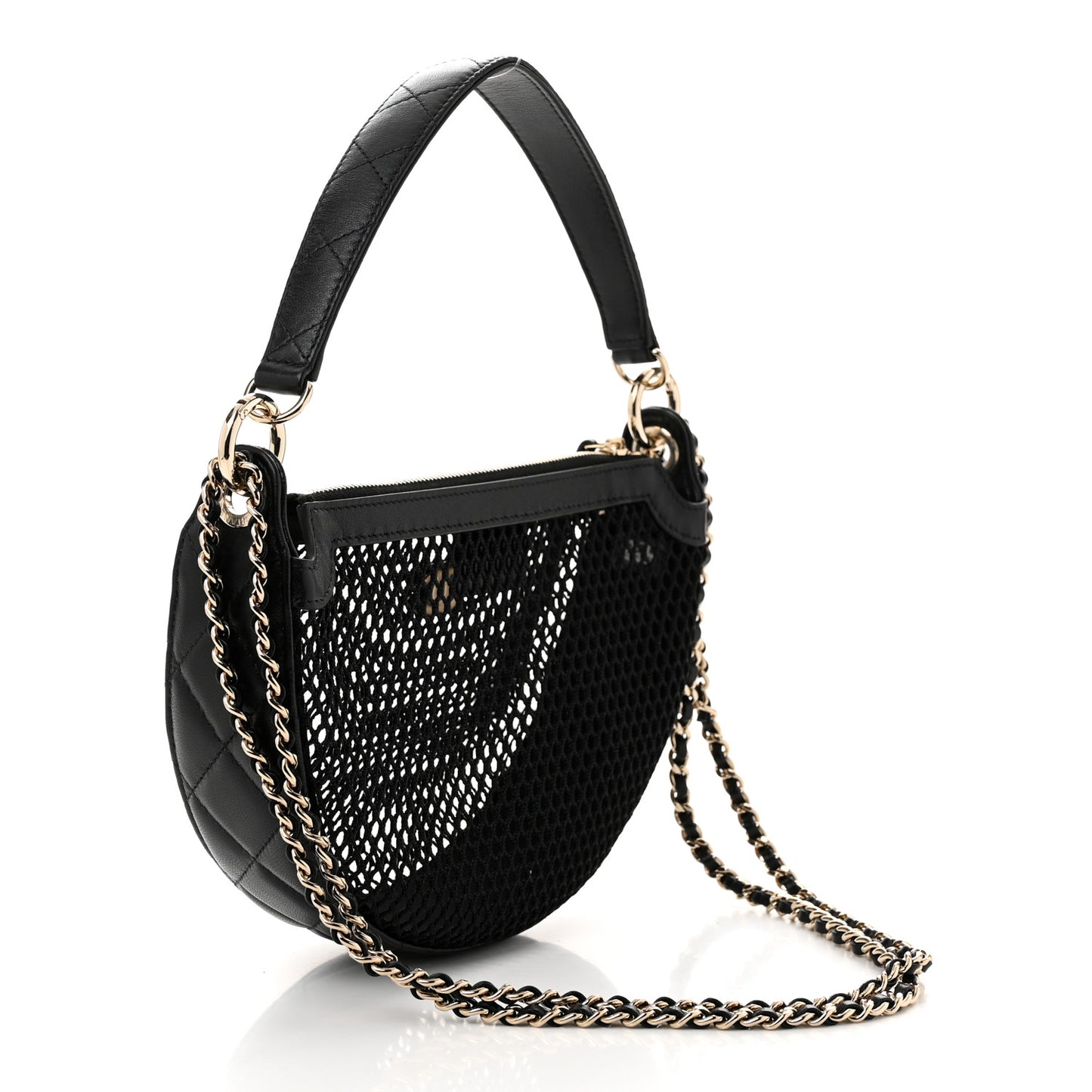 Mesh Shiny Lambskin Chain Hobo Black