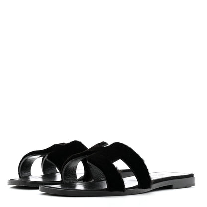 Hermes Mink Fur Oran Sandals 37 Black 3 of 14