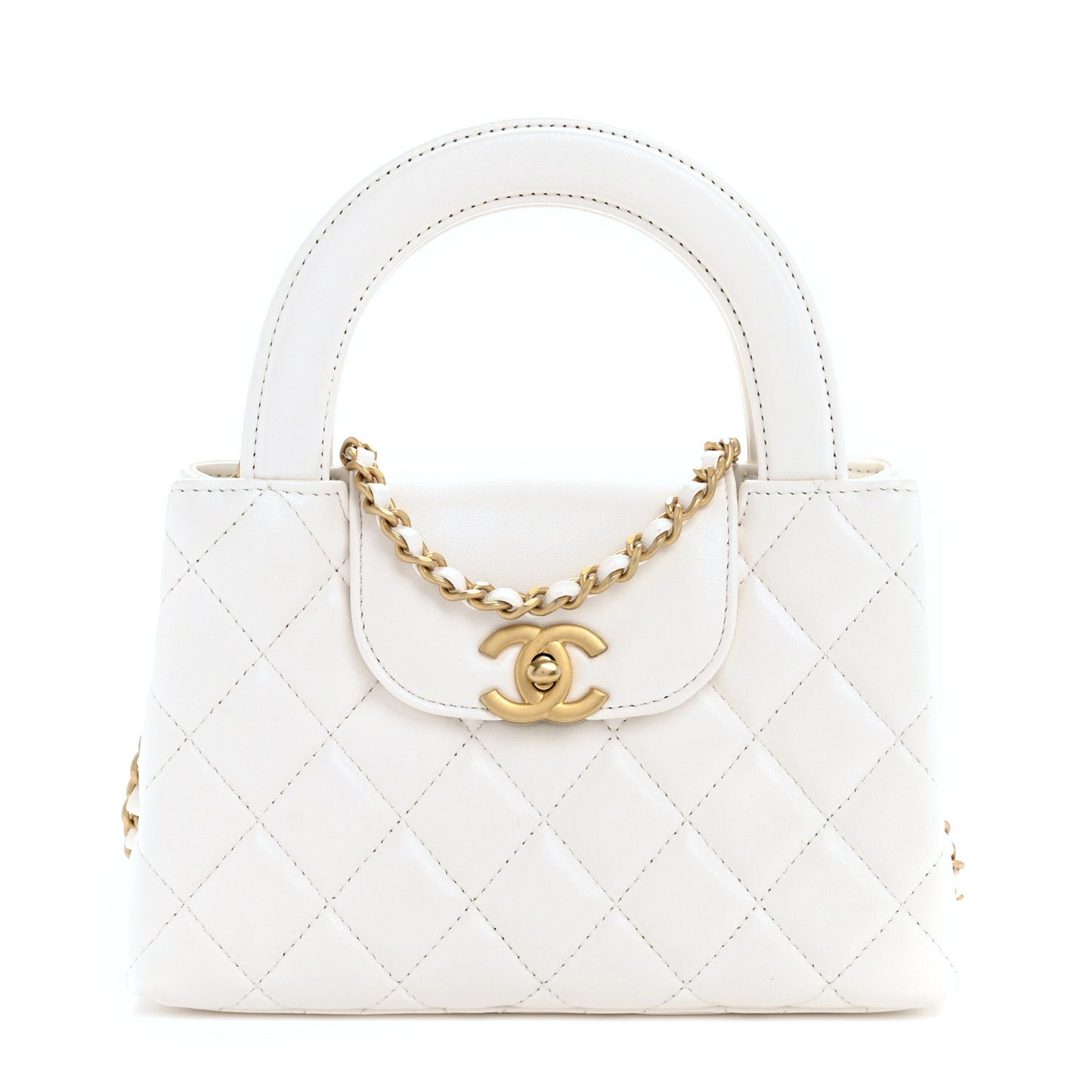Shiny Aged Calfskin Quilted Nano Kelly Shopper White