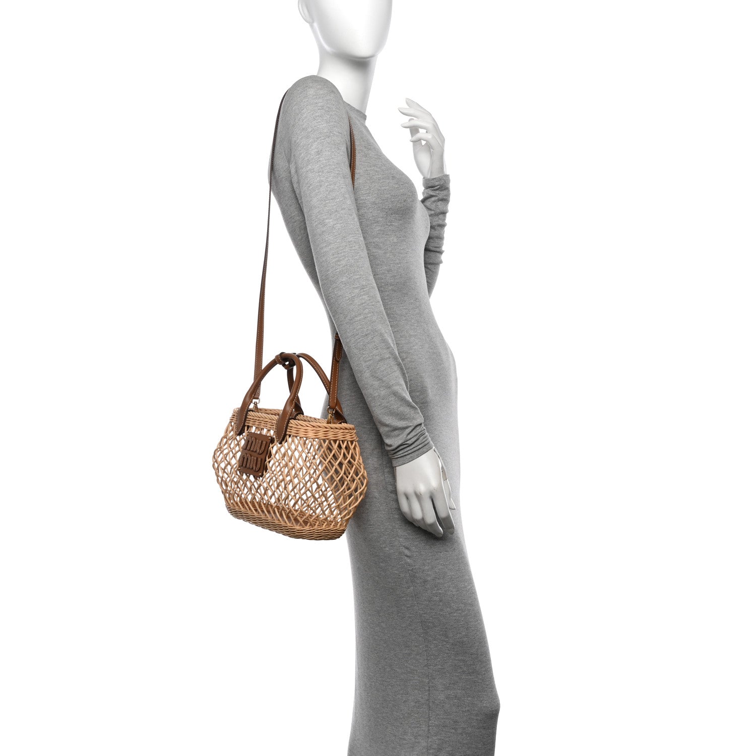 Miu Miu Woven Fabric Calfskin Logo Basket Bag Tan Caramel 2 of 9