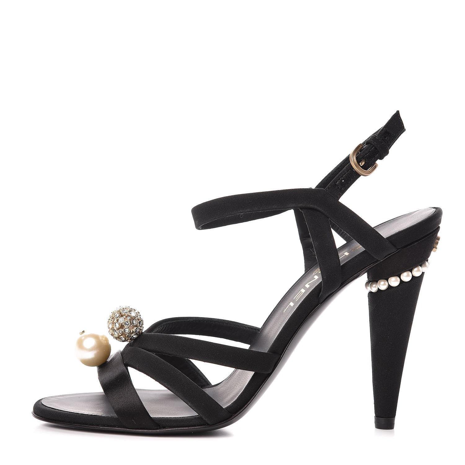 Chanel Satin Pearl Crystal Sandals 38.5 Black 1 of 8