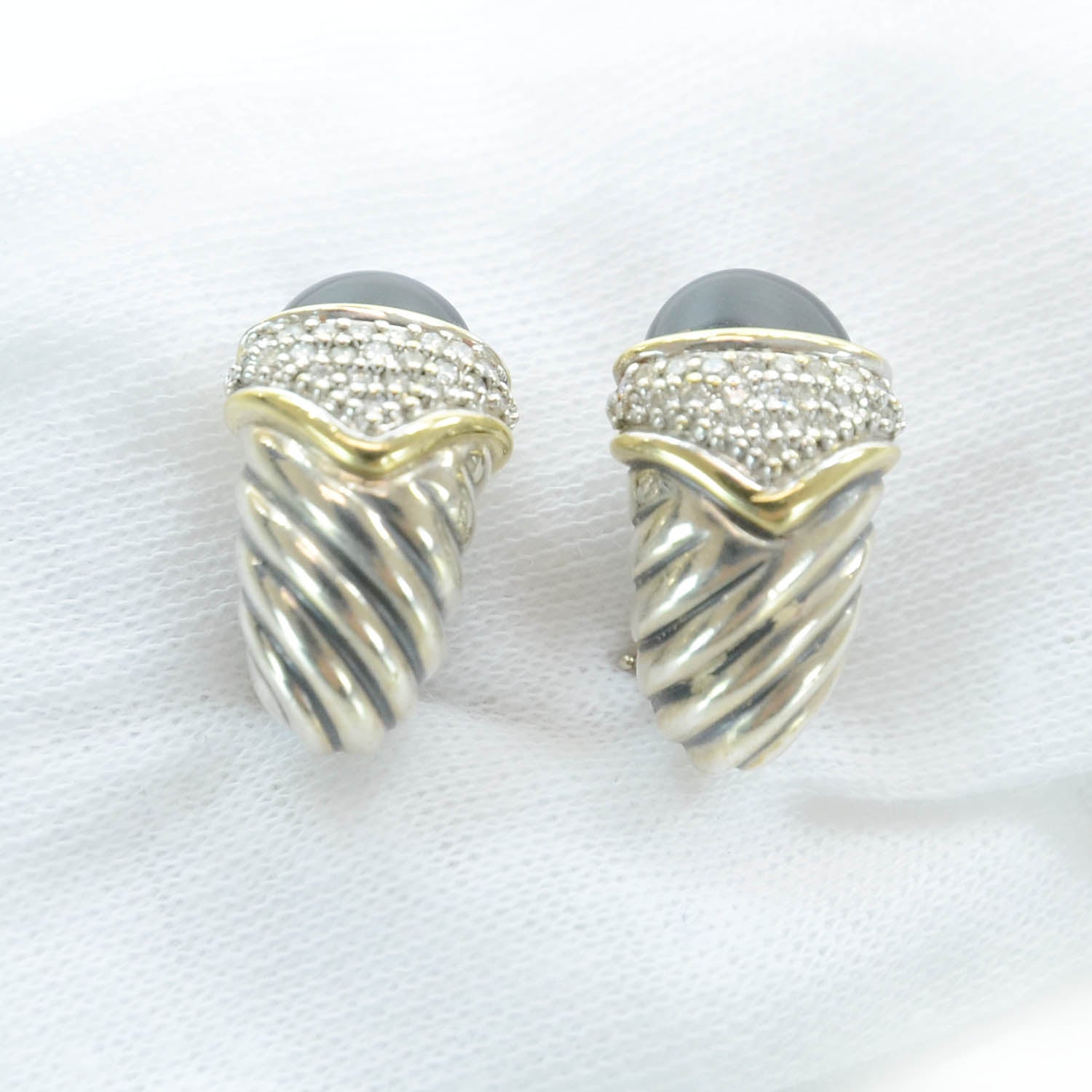 David Yurman Sterling Silver and 18k Diamond Onyx Albion Cable Twist Earrings 1 of 4