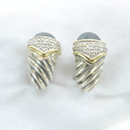 David Yurman Sterling Silver and 18k Diamond Onyx Albion Cable Twist Earrings 1 of 4
