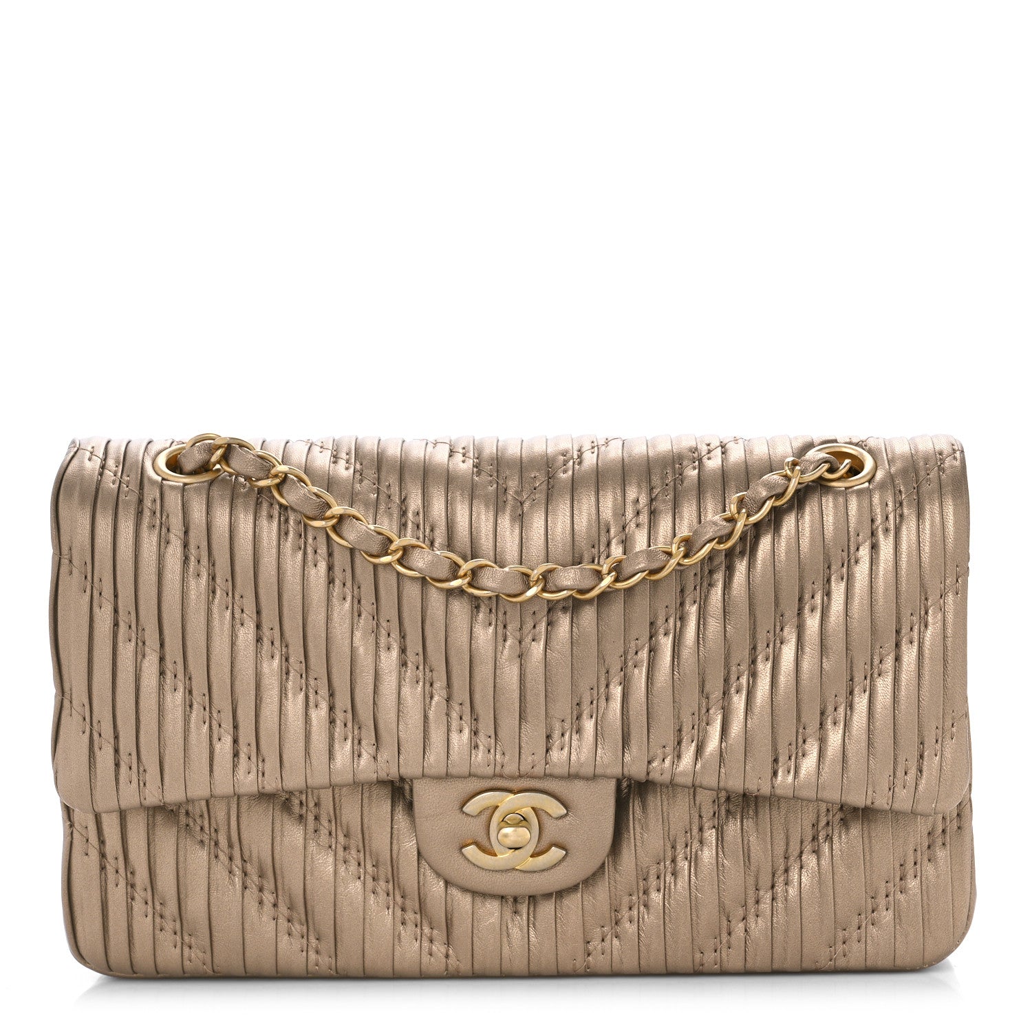 Chanel Metallic Lambskin Plisse Medium Double Flap Gold 1 of 9