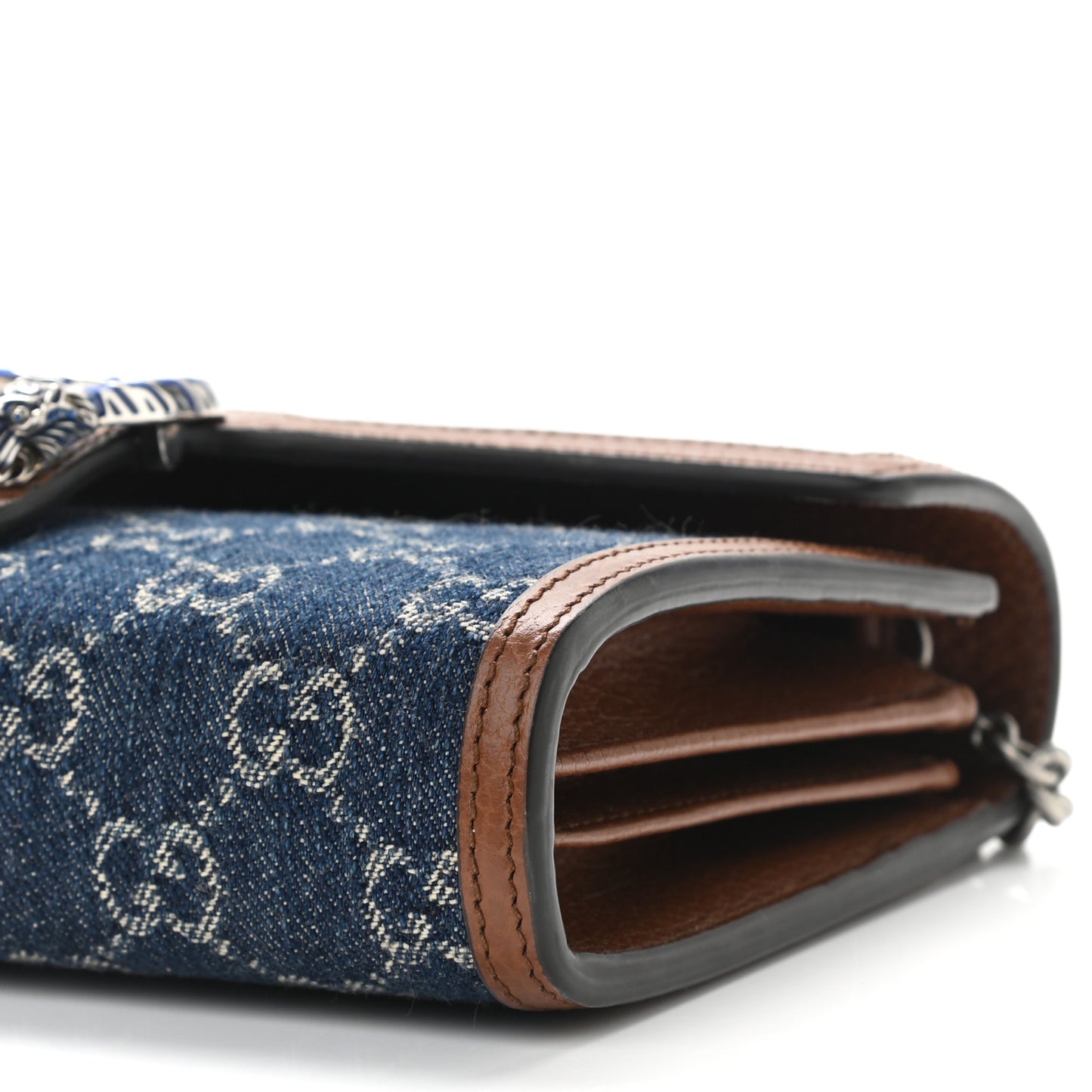 New Denim GG Monogram Dollar Calfskin Enamel Mini Dionysus Chain Wallet Blue Tea Cuir Epilog Electric Blue