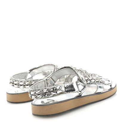 Chanel Metallic Laminated Goatskin Chain Flat Sandals 39 Silver 5 of 9