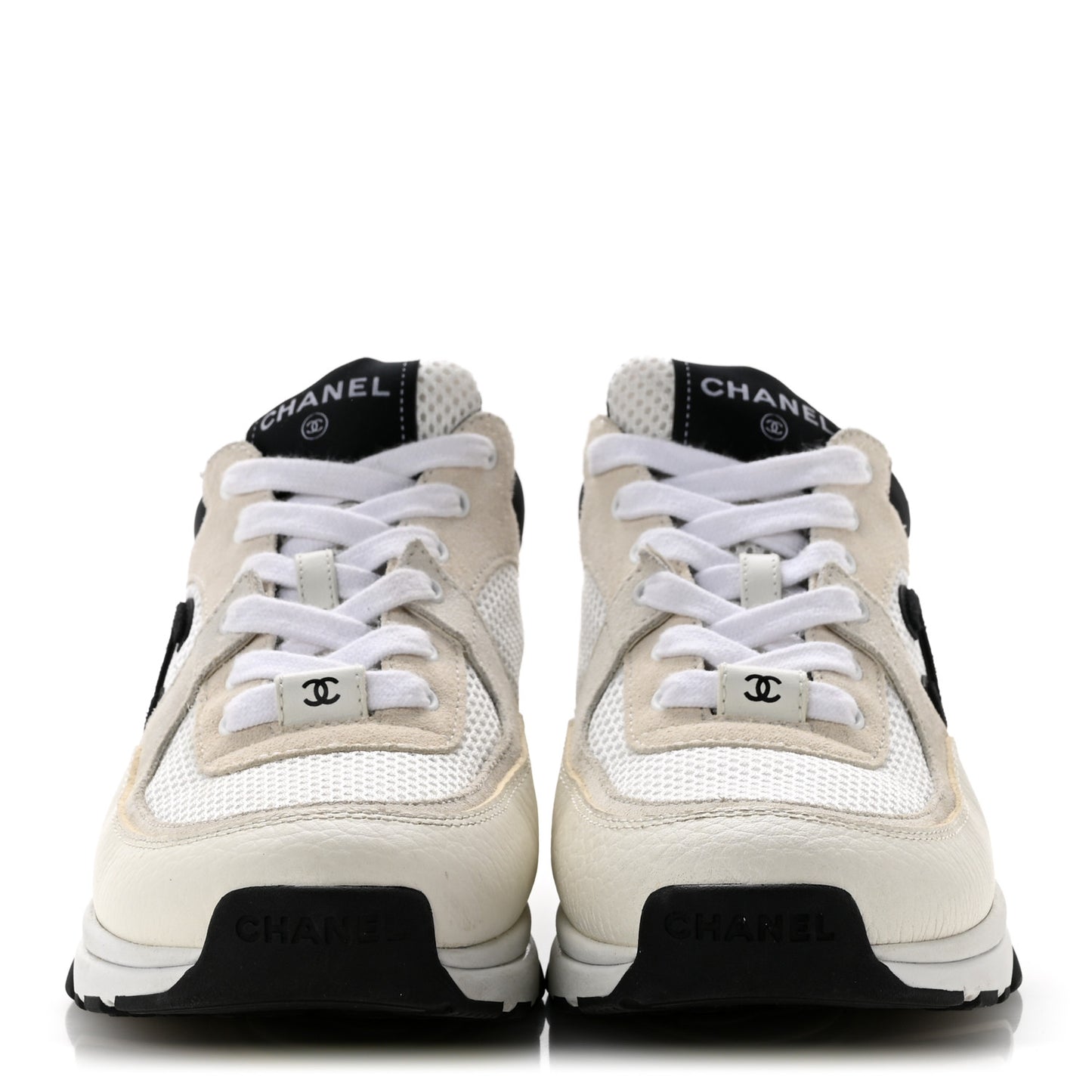 Mesh Suede Calfskin Grained Calfskin Womens CC Sneakers 38.5 White Black
