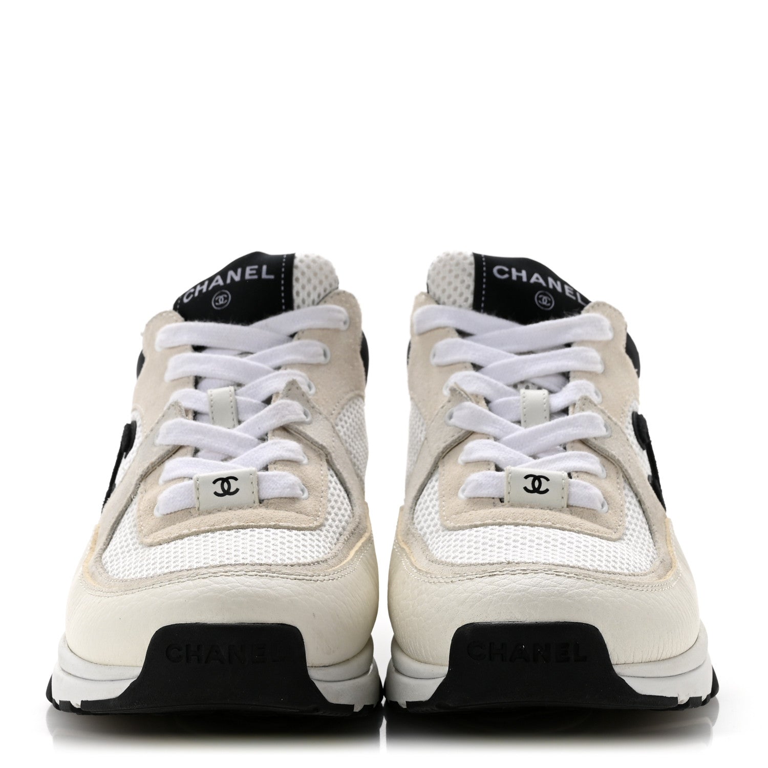 Chanel Mesh Suede Calfskin Grained Calfskin Womens CC Sneakers 38.5 White Black 3 of 10