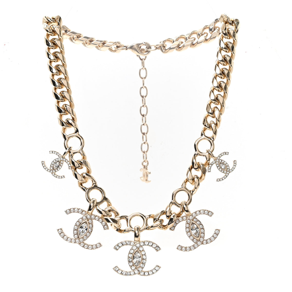 Chanel Pearl Crystal CC Choker Charms Necklace Gold White 3 of 5