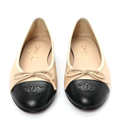 Chanel Lambskin Cap Toe CC Ballerina Flats 36.5 Beige Black 3 of 10