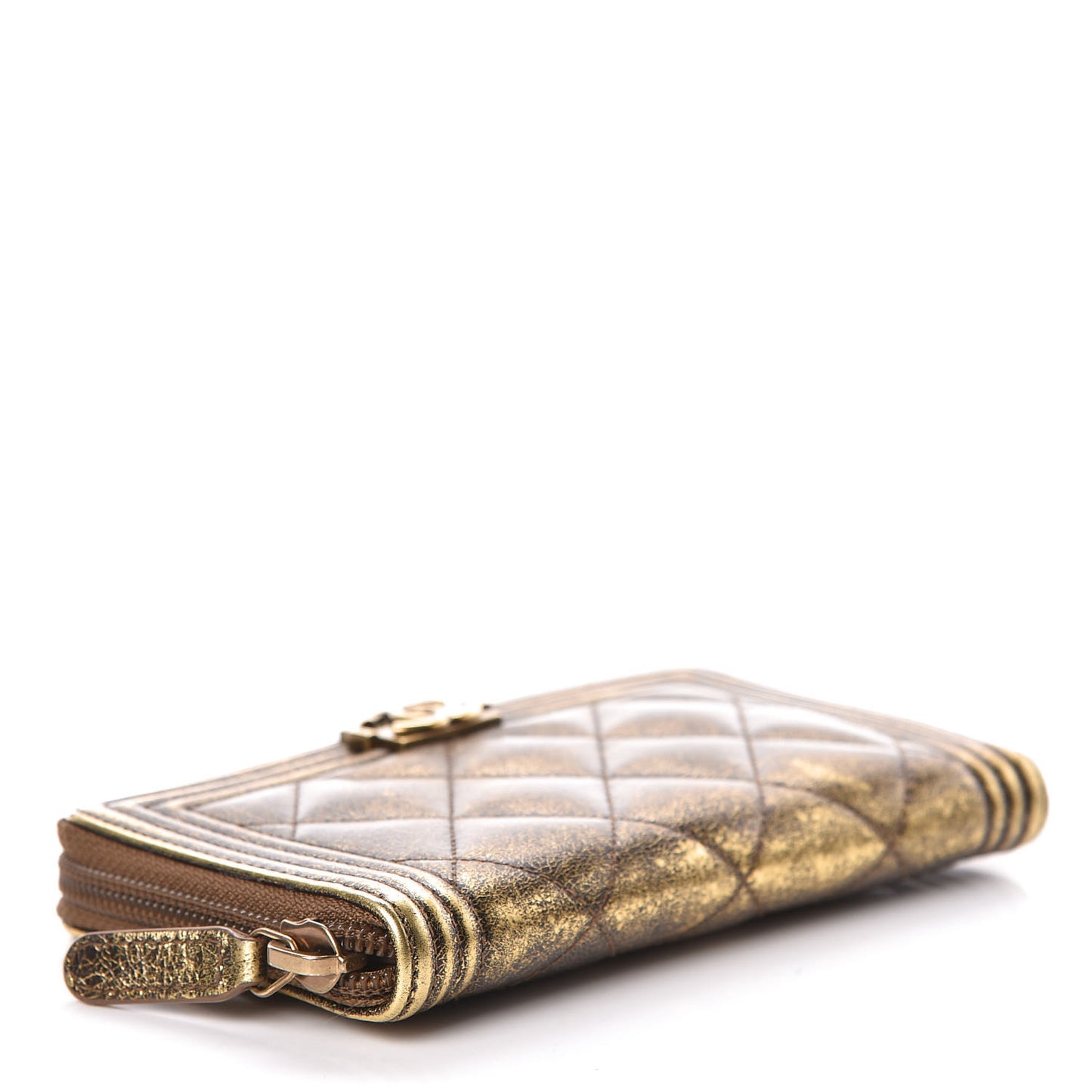 Cracked Metallic Calfskin Quilted Small Boy Zip Around Wallet Gold