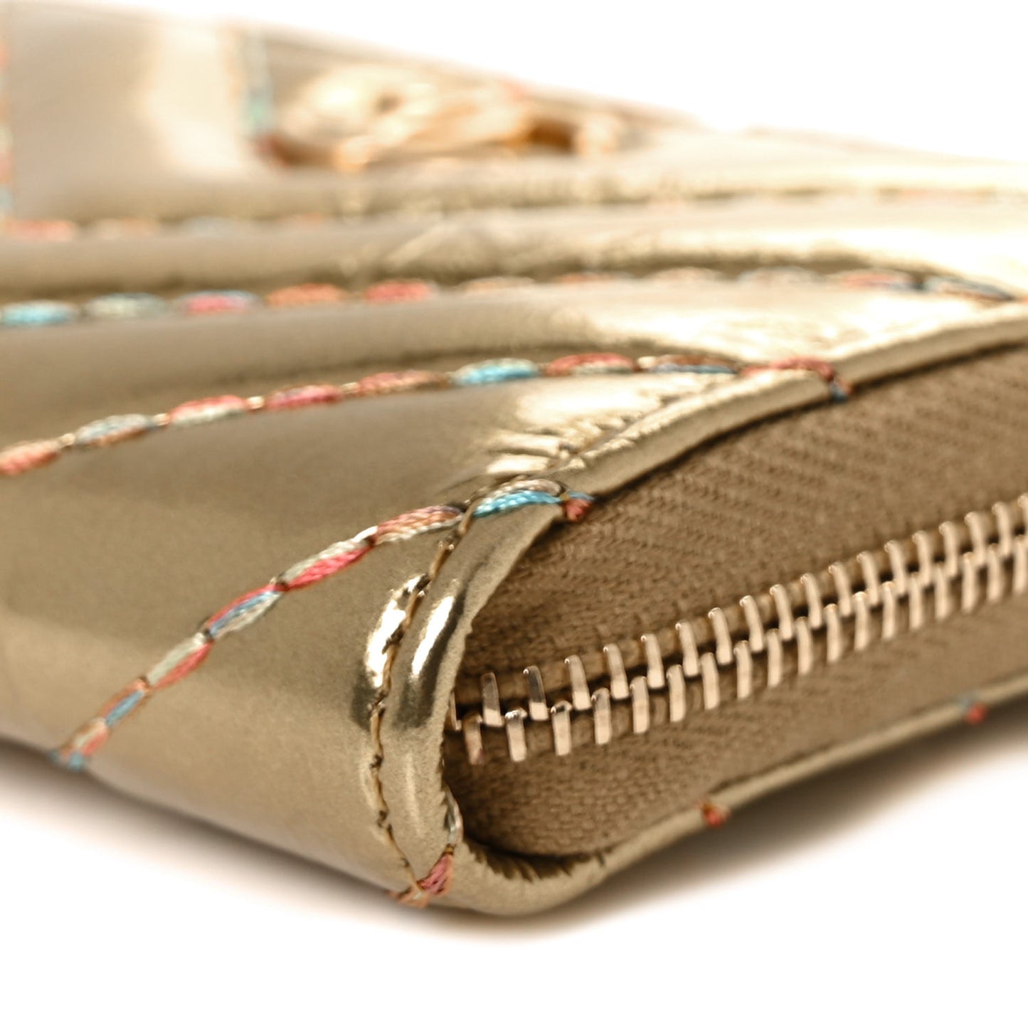Metallic Aged Calfskin Chevron Quilted Multicolor Stitch Zip Around Coin Purse Gold