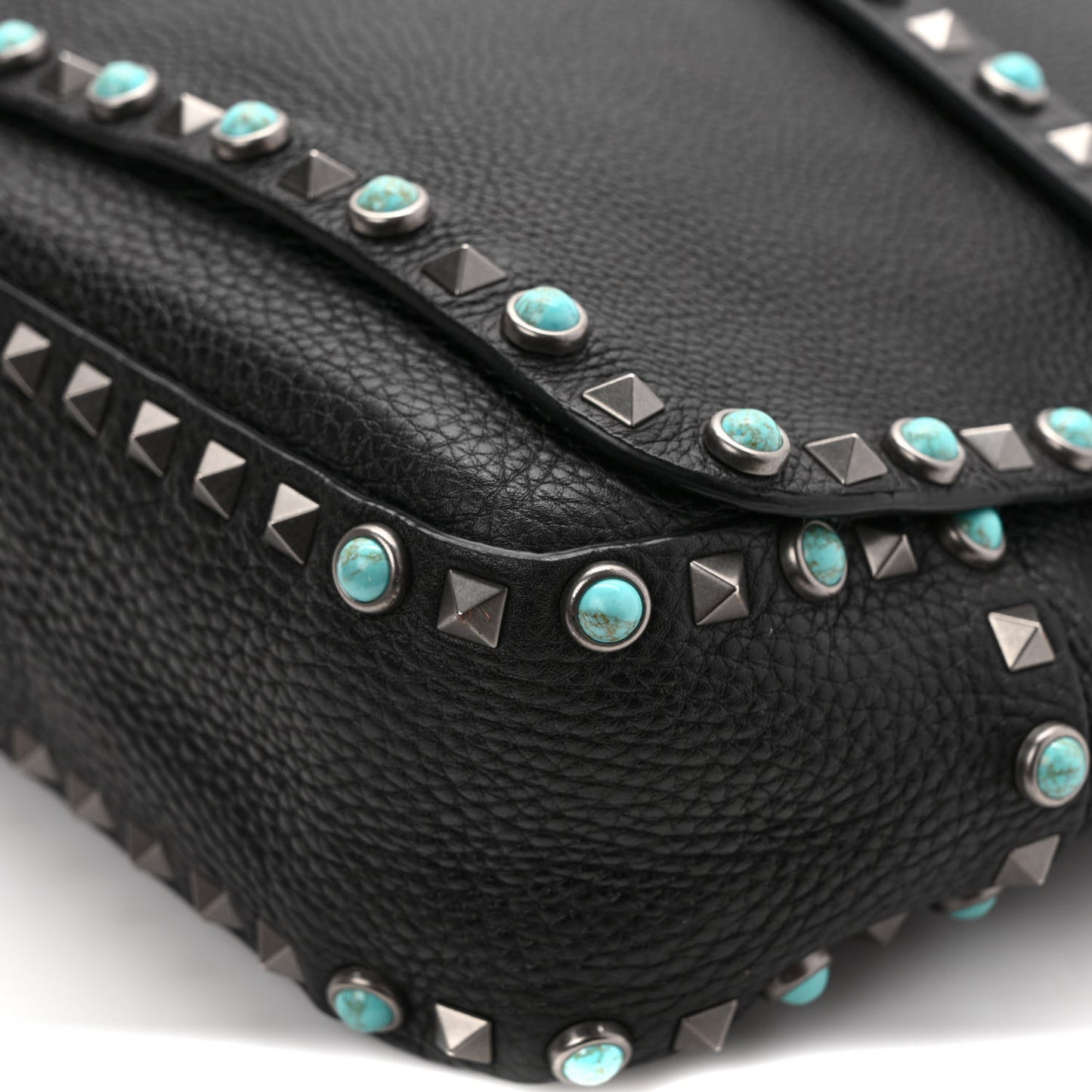 Pebbled Calfskin Rockstud Rolling Flap Messenger Bag Black