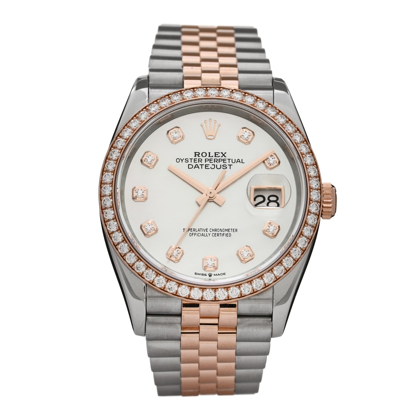 Stainless Steel 18K Everose Gold Diamond Bezel Mother of Pearl 36mm Oyster Perpetual Datejust Watch 126281RBR