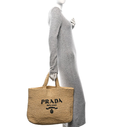 Prada Yarn Raffia Effect Crochet Embroidered Logo Tote Naturale 2 of 11