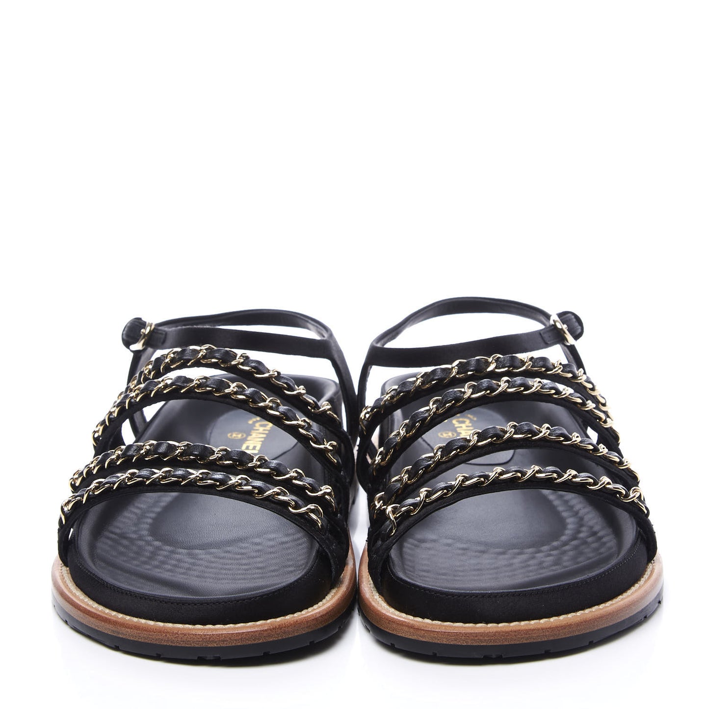 Satin Lambskin Chain Flat Sandals 38.5 Black